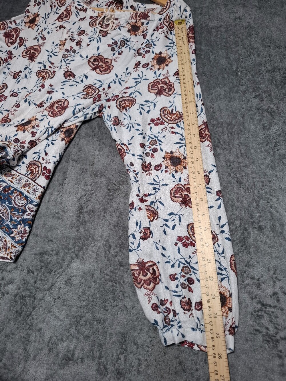 Lucky Brand Womens XL Cream Rust Peasant Boho Top Tassel Tie Paisley Floral - Picture 7 of 10